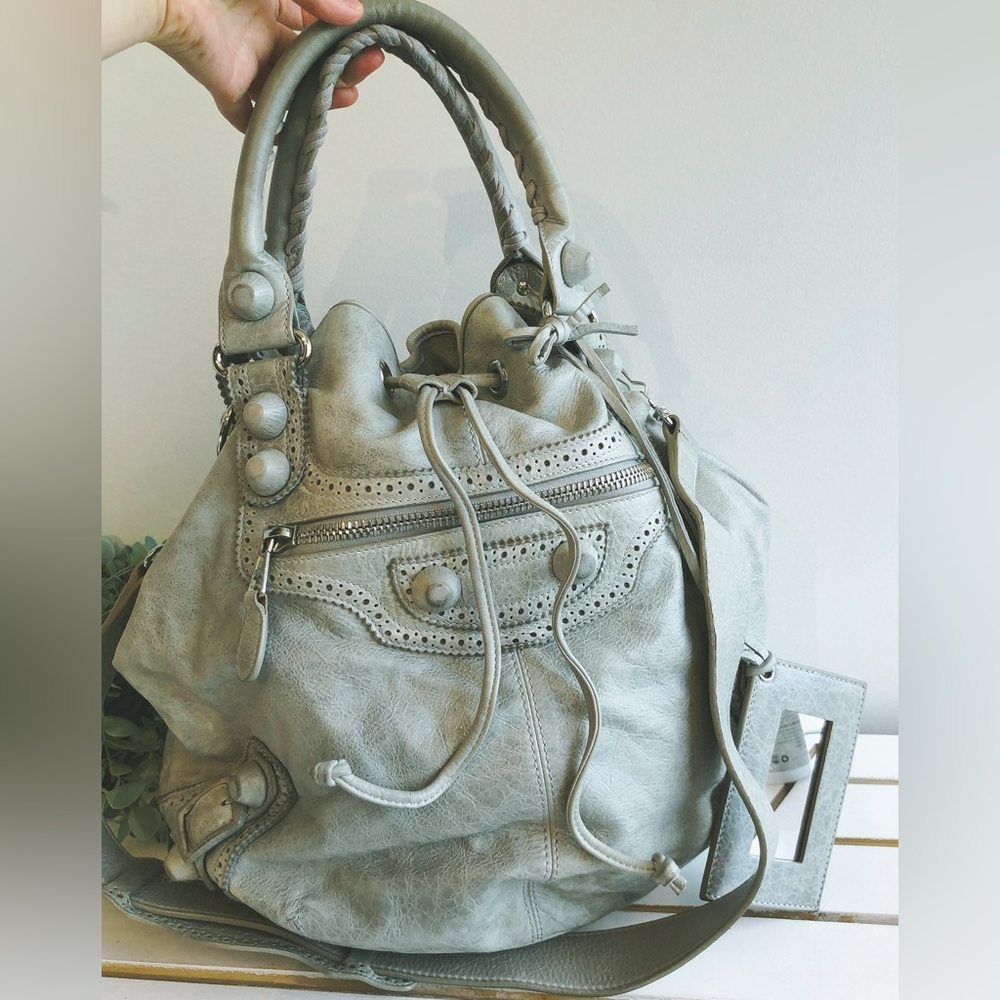 Balenciaga pompon bag city bag bucket bag draw string light grey